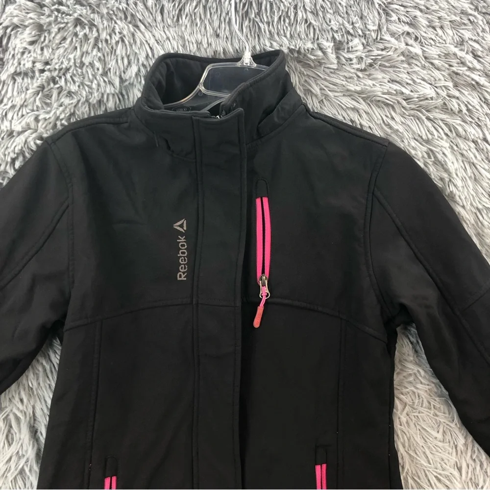 Reebok Jacket Girls Medium Black Pink Rain Resistant Pockets Fleece Lined